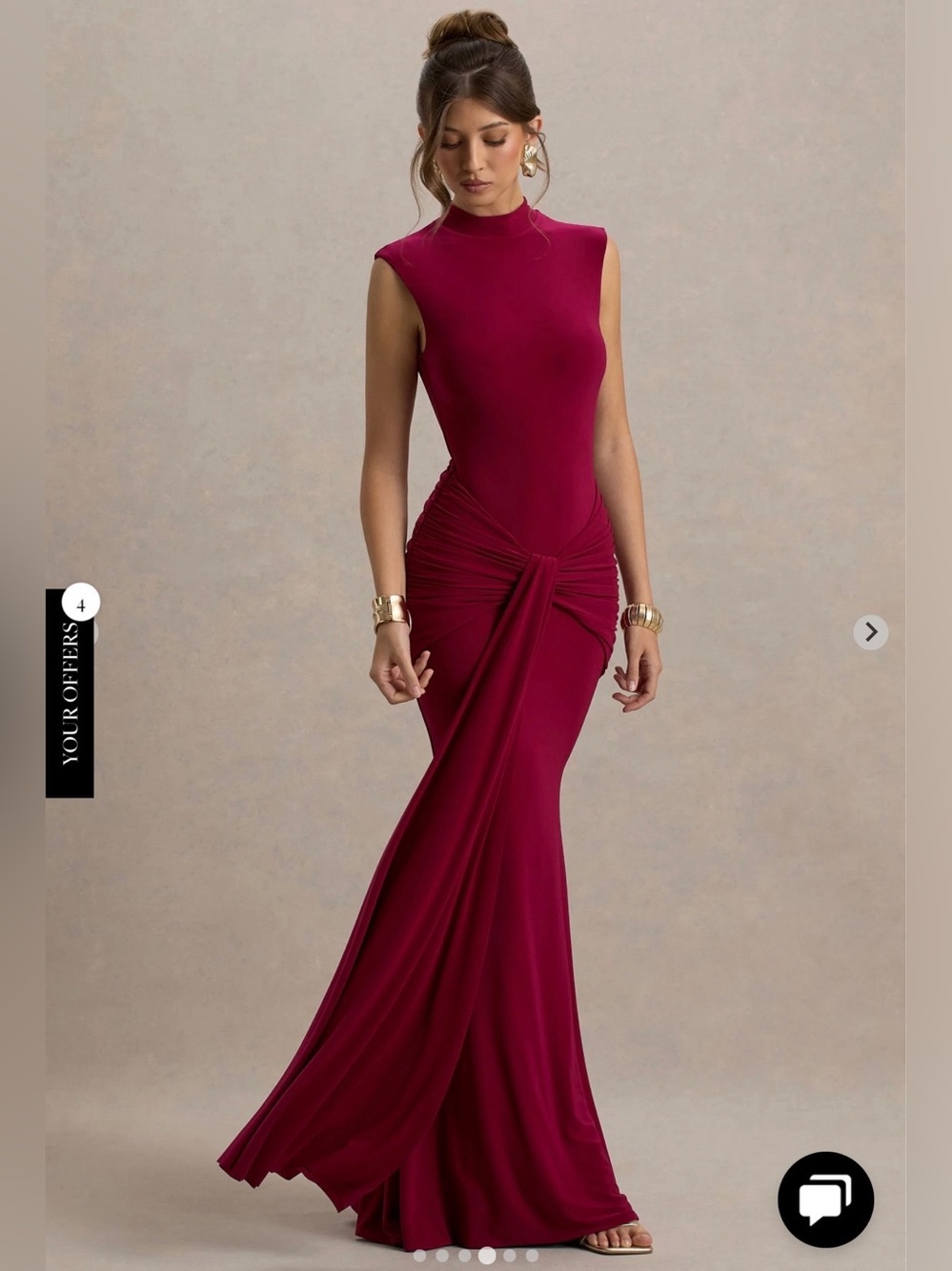 Club L London - Graziana Dark Cherry High-Neck Gathered Draped Maxi Dress
